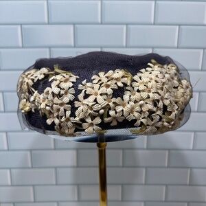 Vintage 1950s Gael Navy Pillbox Hat w/Cream Floral Appliqué Net Overlay